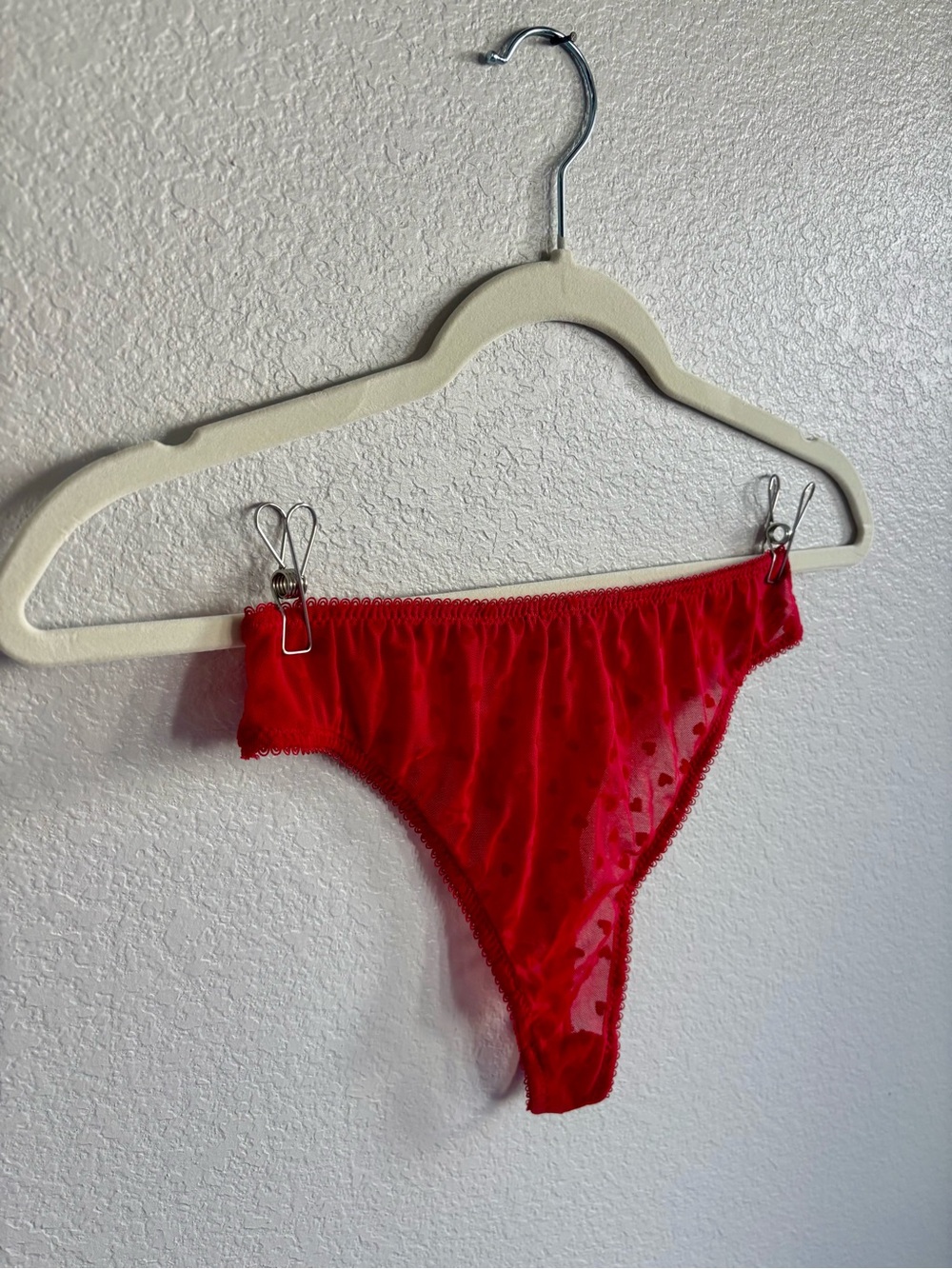 Sheer Red Heart Lace Thong Panty
